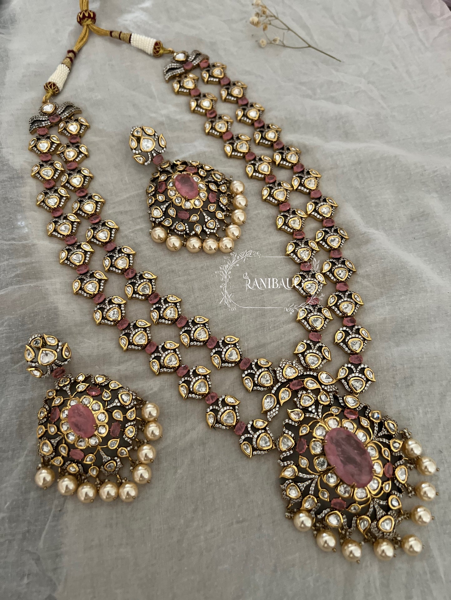 Nishita Double Layer Victorian Finish Mossainite Necklace With Gemstones And Creamy Pearls By Ranibaug | Festival Jewelry 2025