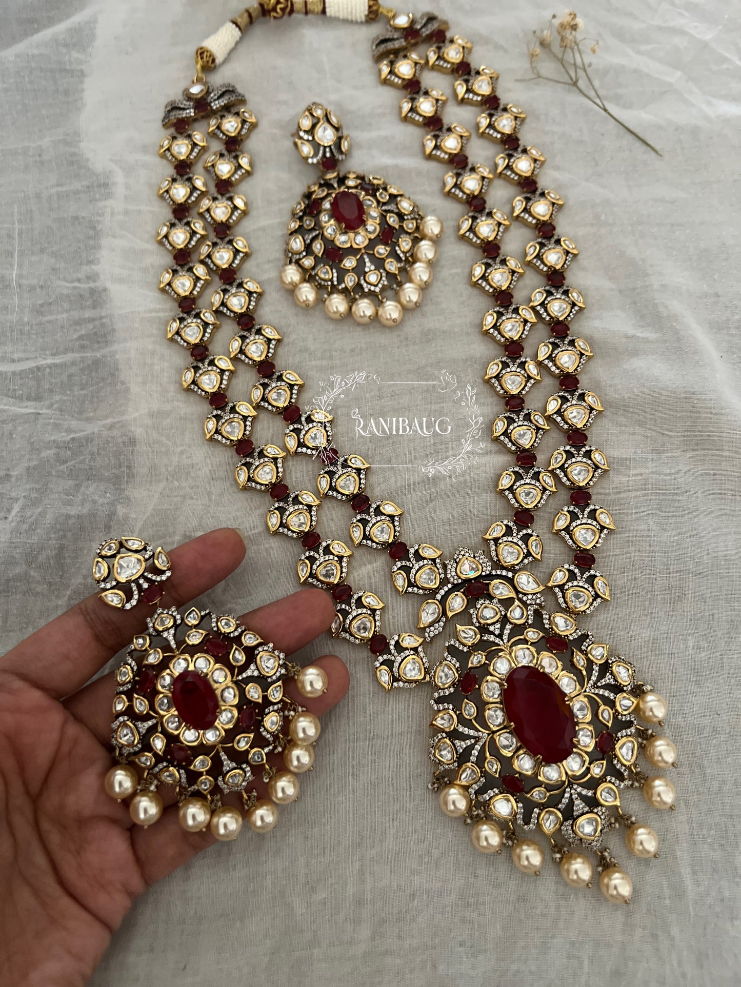 Nishita Double Layer Victorian Finish Mossainite Necklace With Gemstones And Creamy Pearls By Ranibaug | Festival Jewelry 2025