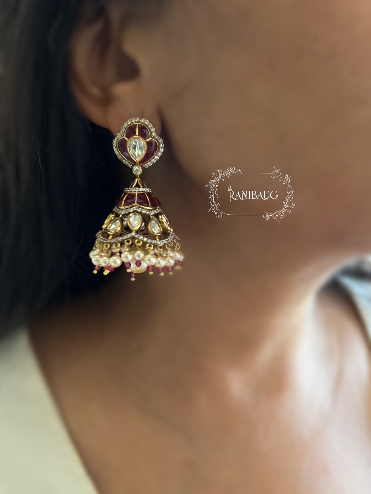 Nishra Heritage Enamel Gold Finish Polki Jhumka Earrings By Ranibaug