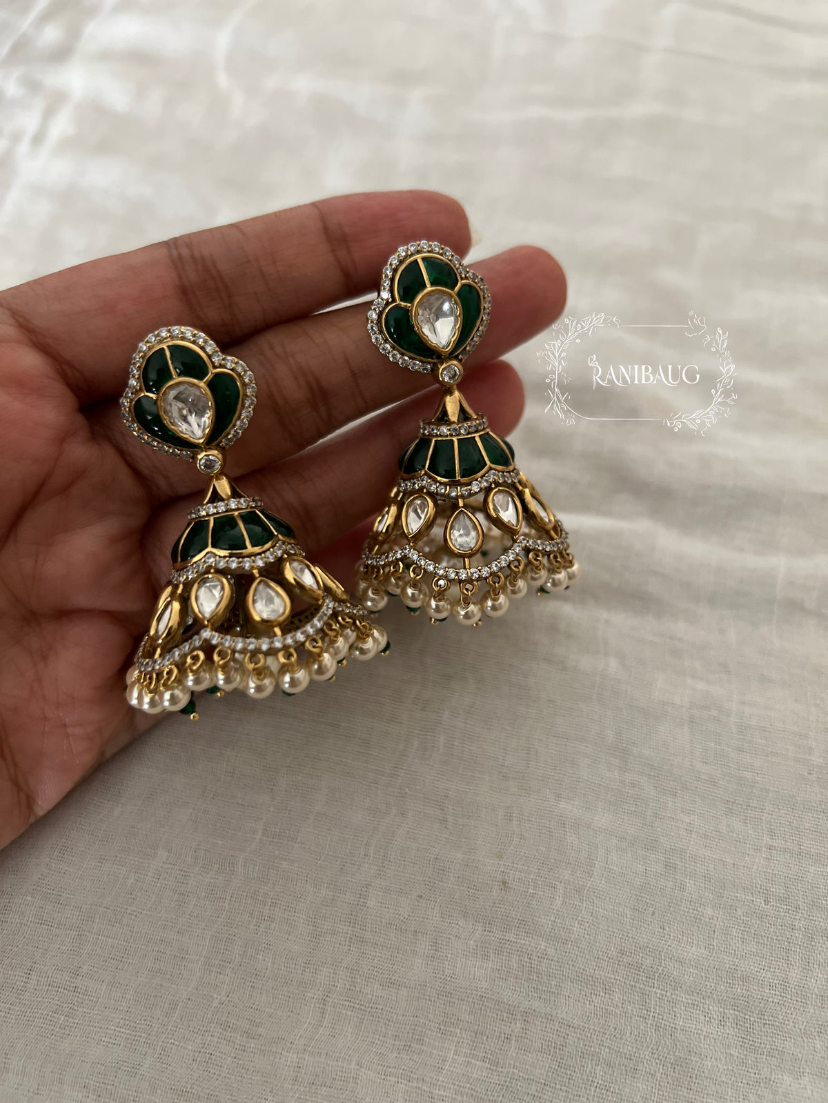 Nishra Heritage Enamel Gold Finish Polki Jhumka Earrings By Ranibaug