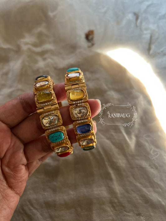 Nishtha Gemstone Studded Multicolor Indian Polki Bangles In Rich Gold Finish By Ranibaug