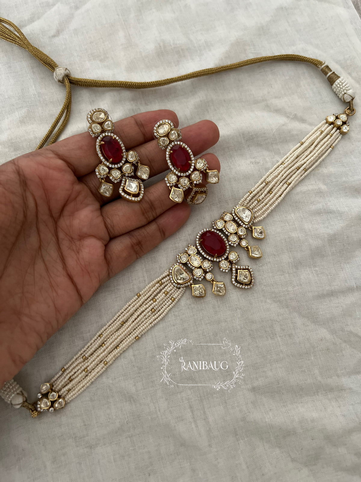 Nishu Multi Color Mossainite Polki Beaded Strand Gold Finish Choker Set By Ranibaug