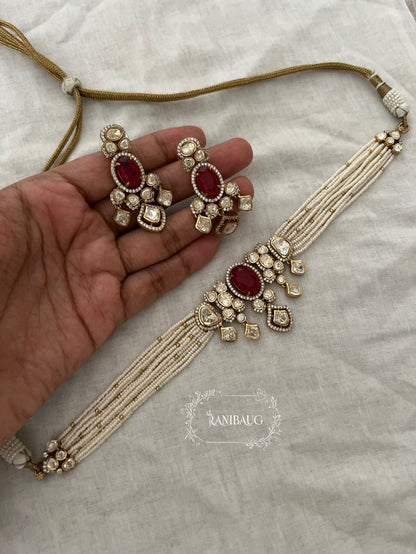 Nishu Multi Color Mossainite Polki Beaded Strand Gold Finish Choker Set By Ranibaug