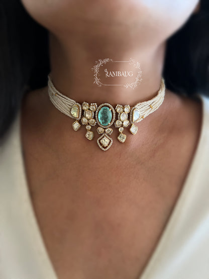 Nishu Multi Color Mossainite Polki Beaded Strand Gold Finish Choker Set By Ranibaug