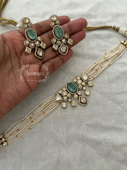Nishu Multi Color Mossainite Polki Beaded Strand Gold Finish Choker Set By Ranibaug