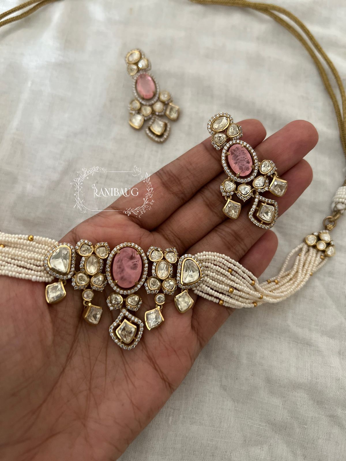 Nishu Multi Color Mossainite Polki Beaded Strand Gold Finish Choker Set By Ranibaug