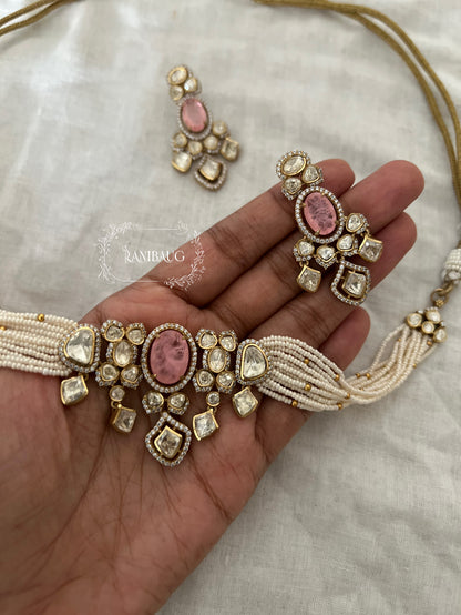 Nishu Multi Color Mossainite Polki Beaded Strand Gold Finish Choker Set By Ranibaug