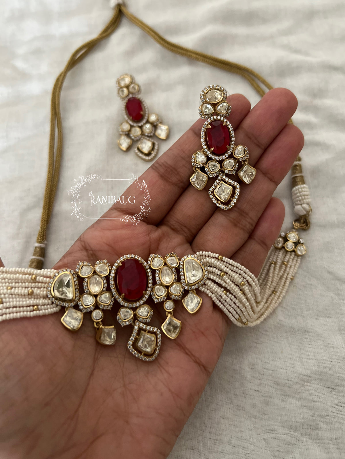 Nishu Multi Color Mossainite Polki Beaded Strand Gold Finish Choker Set By Ranibaug