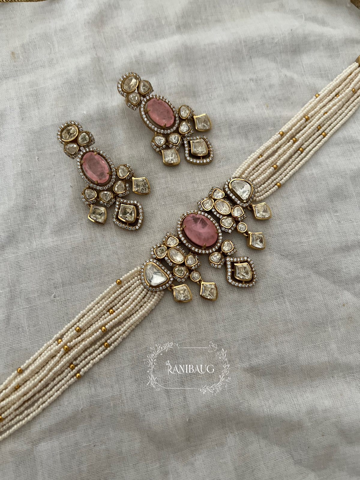 Nishu Multi Color Mossainite Polki Beaded Strand Gold Finish Choker Set By Ranibaug
