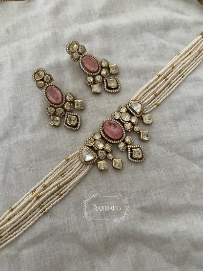 Nishu Multi Color Mossainite Polki Beaded Strand Gold Finish Choker Set By Ranibaug