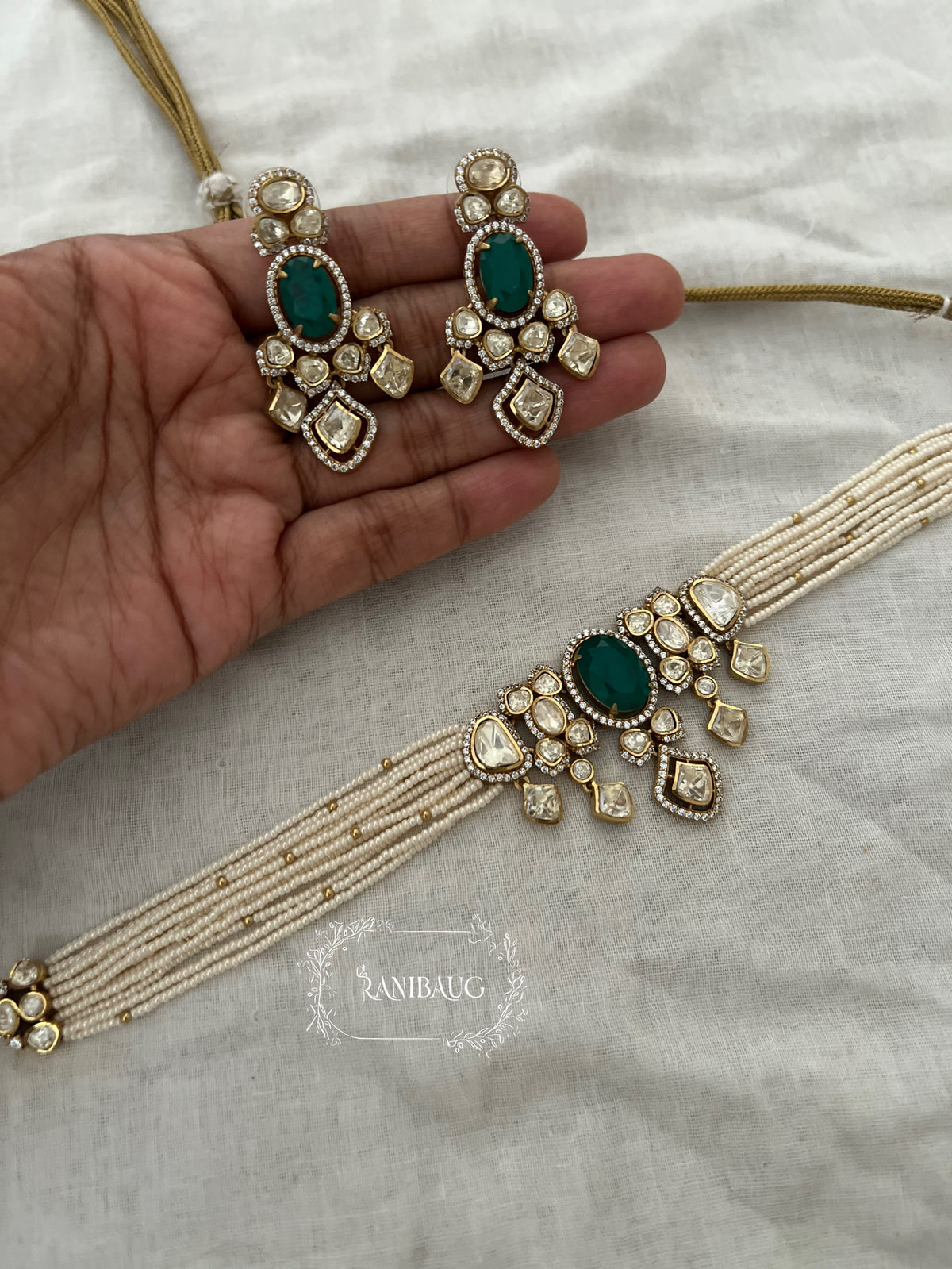 Nishu Multi Color Mossainite Polki Beaded Strand Gold Finish Choker Set By Ranibaug