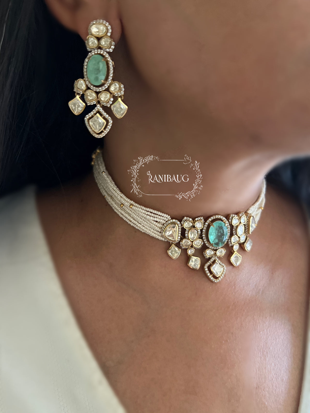 Nishu Multi Color Mossainite Polki Beaded Strand Gold Finish Choker Set By Ranibaug