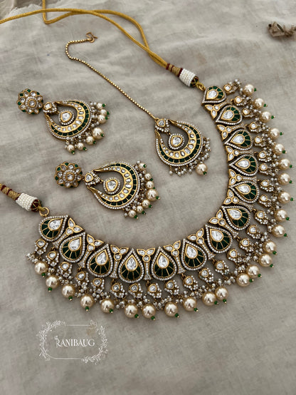 Nita Polki Kundan Necklace Set In Teardrop Enamel Motifs And Shiny Pearl Fringes In Premium Gold Finish With Contrasting Maangtikka By Ranibaug