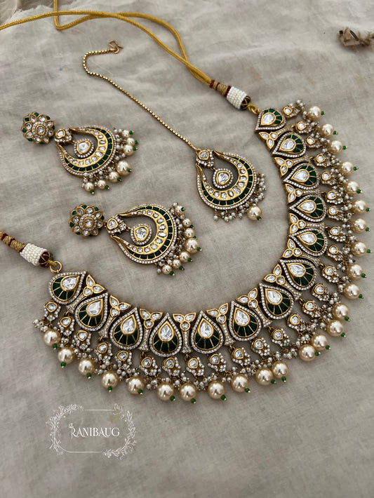 Nita Polki Kundan Necklace Set In Teardrop Enamel Motifs And Shiny Pearl Fringes In Premium Gold Finish With Contrasting Maangtikka By Ranibaug