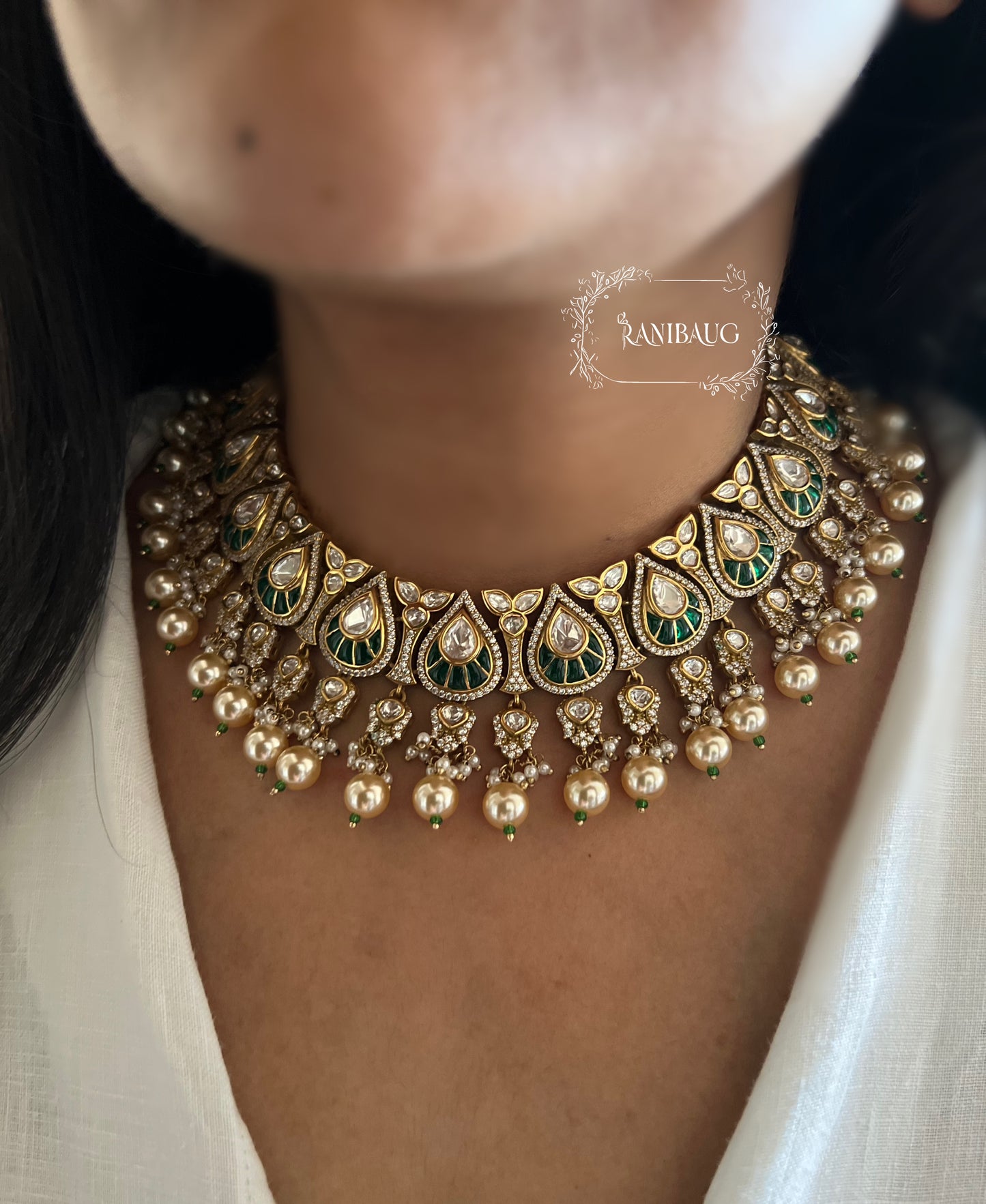 Nita Polki Kundan Necklace Set In Teardrop Enamel Motifs And Shiny Pearl Fringes In Premium Gold Finish With Contrasting Maangtikka By Ranibaug
