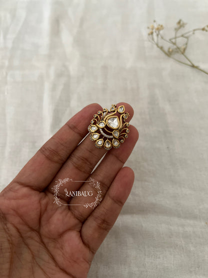 Nitanshi Peacock Inspired Gold Finish Polki Studded Designer Ring Jewelry By Ranibaug