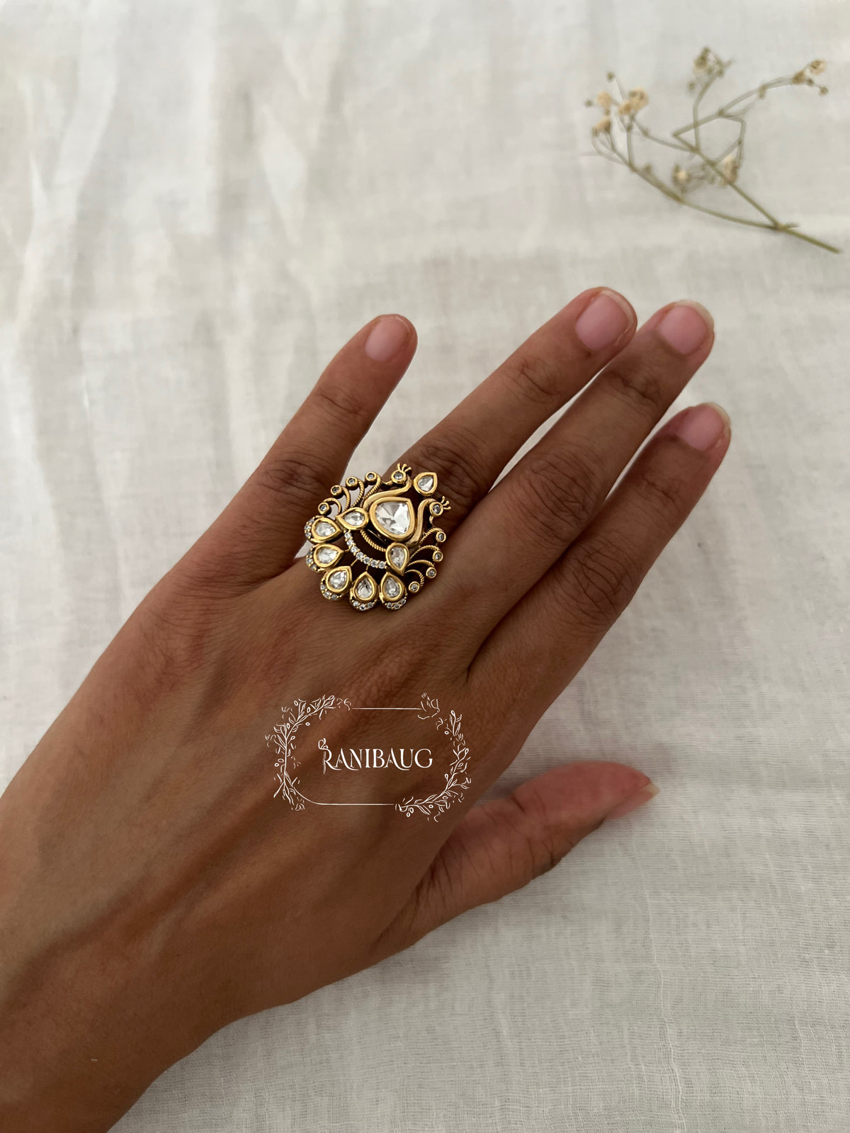 Nitanshi Peacock Inspired Gold Finish Polki Studded Designer Ring Jewelry By Ranibaug