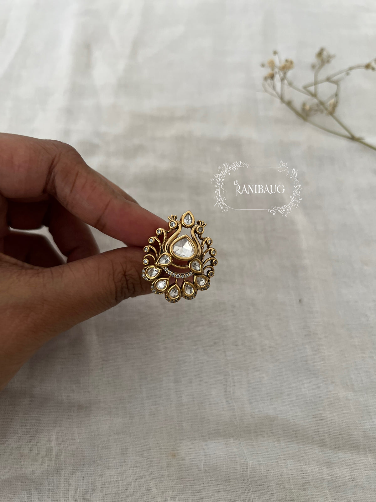 Nitanshi Peacock Inspired Gold Finish Polki Studded Designer Ring Jewelry By Ranibaug