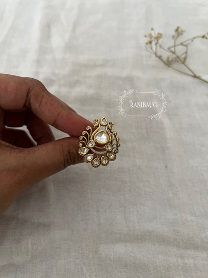 Nitanshi Peacock Inspired Gold Finish Polki Studded Designer Ring Jewelry By Ranibaug