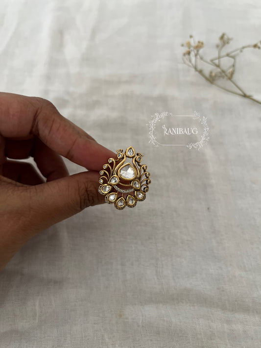 Nitanshi Peacock Inspired Gold Finish Polki Studded Designer Ring Jewelry By Ranibaug