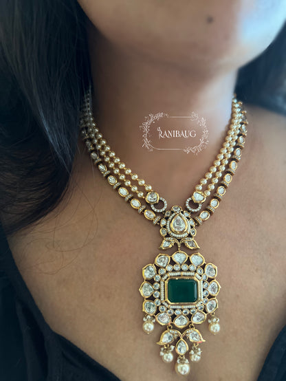Nitara Mossainite Polki Studded Rich Gold Finish Pearl Adorned Necklace Jewellery Set By Ranibaug