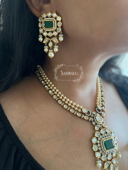Nitara Mossainite Polki Studded Rich Gold Finish Pearl Adorned Necklace Jewellery Set By Ranibaug