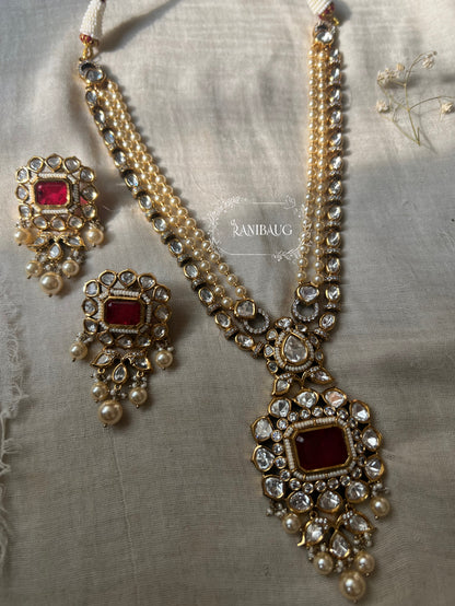 Nitara Mossainite Polki Studded Rich Gold Finish Pearl Adorned Necklace Jewellery Set By Ranibaug