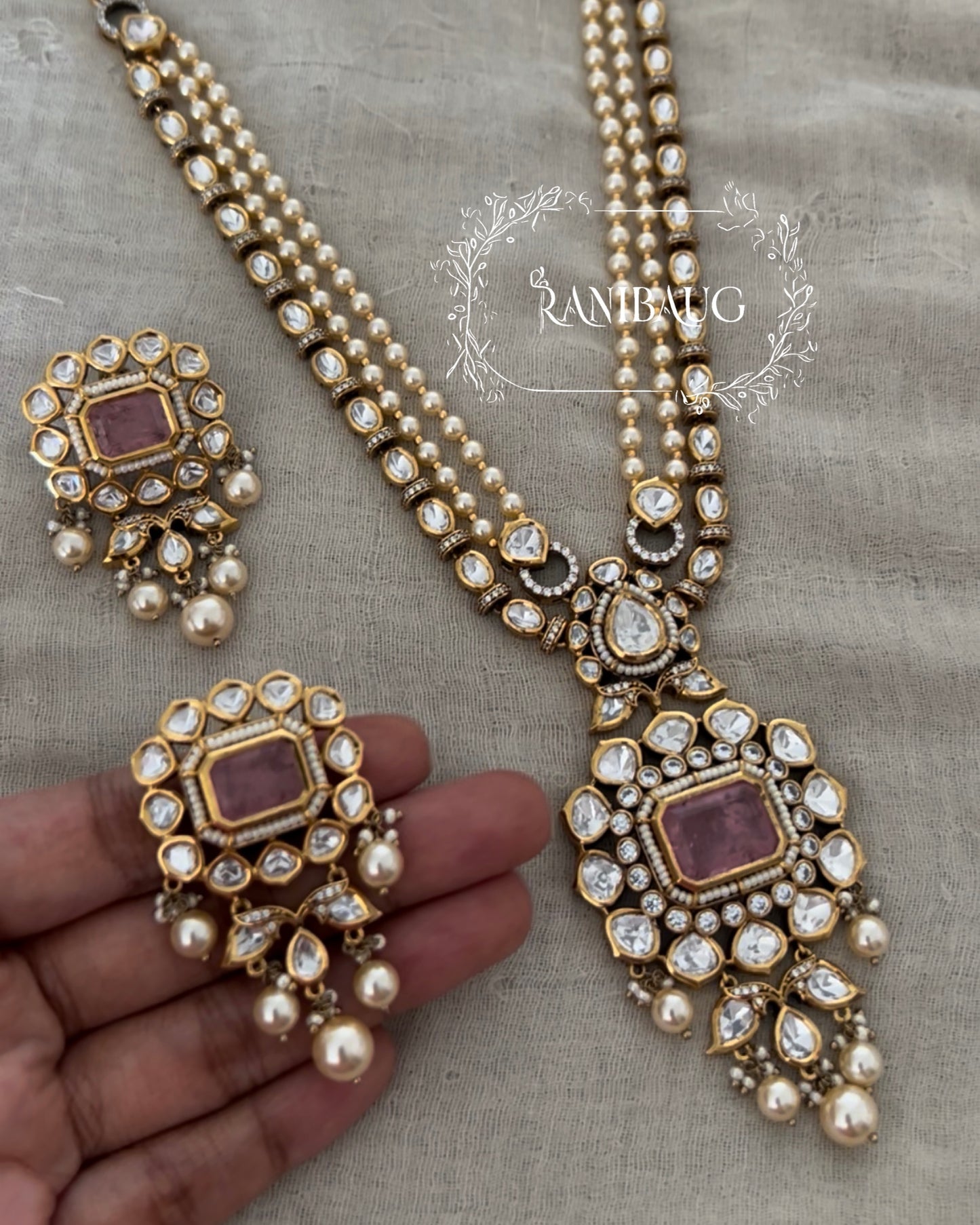 Nitara Mossainite Polki Studded Rich Gold Finish Pearl Adorned Necklace Jewellery Set By Ranibaug