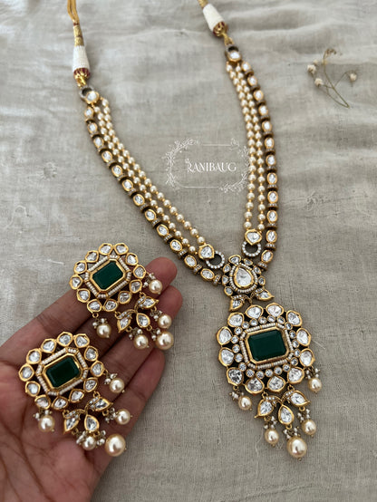 Nitara Mossainite Polki Studded Rich Gold Finish Pearl Adorned Necklace Jewellery Set By Ranibaug