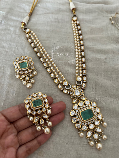 Nitara Mossainite Polki Studded Rich Gold Finish Pearl Adorned Necklace Jewellery Set By Ranibaug