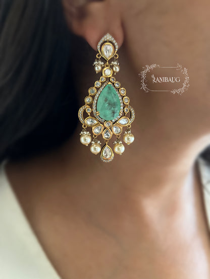 Nitara Peacock Motif Polki And Pearl Adorned Gemstone Studded Chandelier Festive Earrings By Ranibaug
