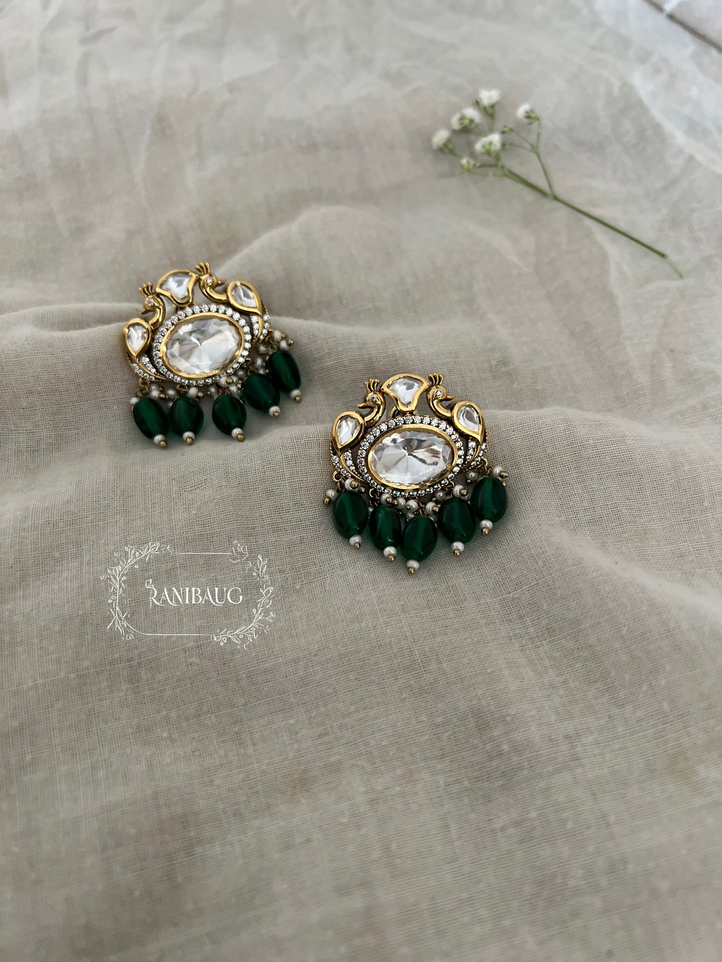 Nitara Polki Peacock Studs | Gold-Plated Beaded Diamond Stud Earrings By Ranibaug