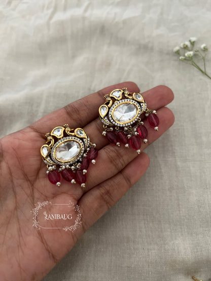 Nitara Polki Peacock Studs | Gold-Plated Beaded Diamond Stud Earrings By Ranibaug