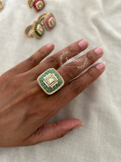 Niti Rajwada Style Minimal Square Shaped Colored Polki Ring Jewelry By Ranibaug