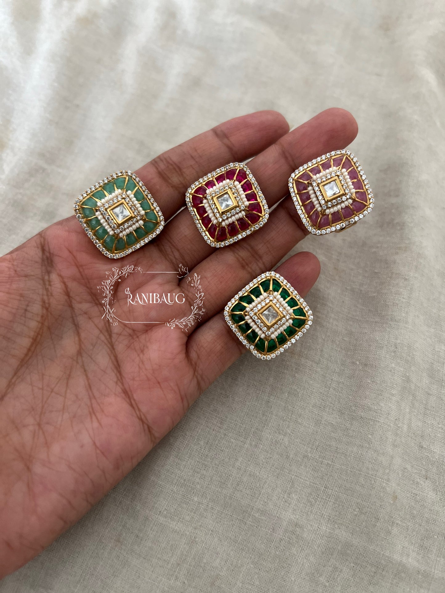 Niti Rajwada Style Minimal Square Shaped Colored Polki Ring Jewelry By Ranibaug