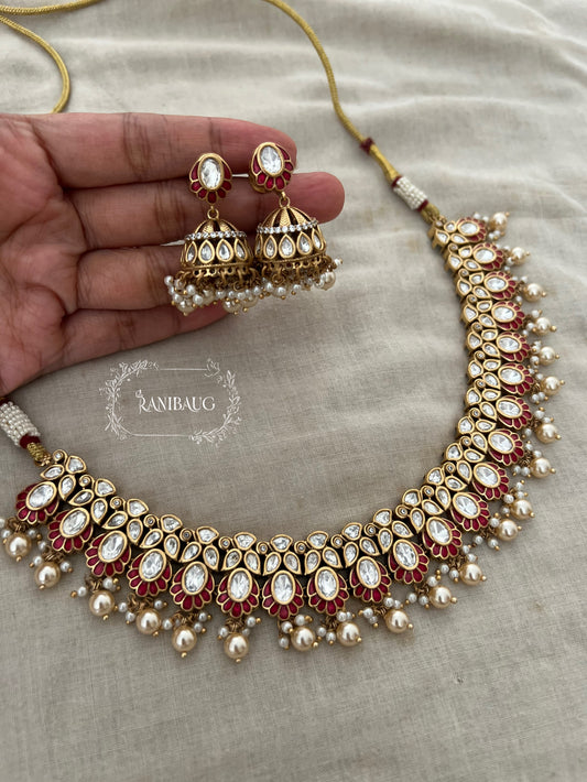 Nitisha Polki Kundan Studded Pearl Fringe Choker Necklace Set With Jhumki By Ranibaug