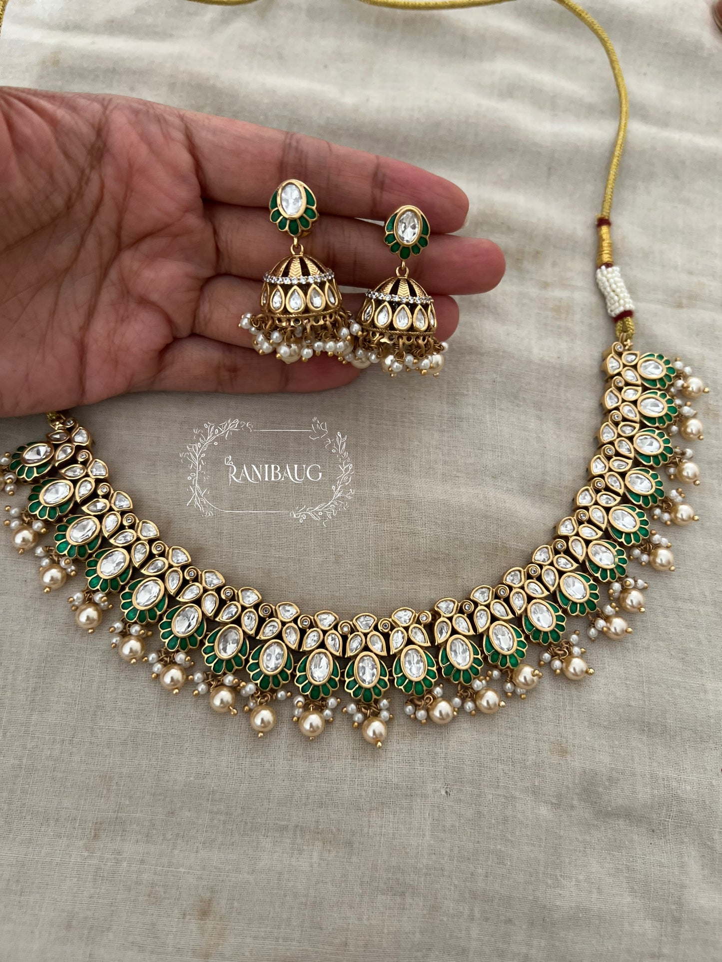 Nitisha Polki Kundan Studded Pearl Fringe Choker Necklace Set With Jhumki By Ranibaug