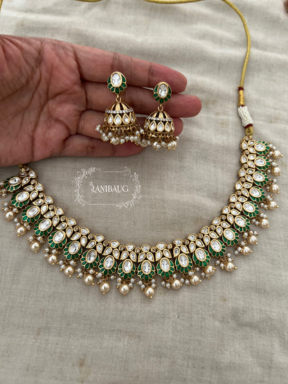 Nitisha Polki Kundan Studded Pearl Fringe Choker Necklace Set With Jhumki By Ranibaug