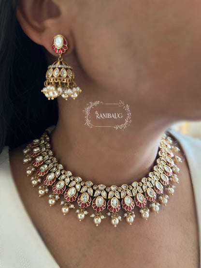 Nitisha Polki Kundan Studded Pearl Fringe Choker Necklace Set With Jhumki By Ranibaug