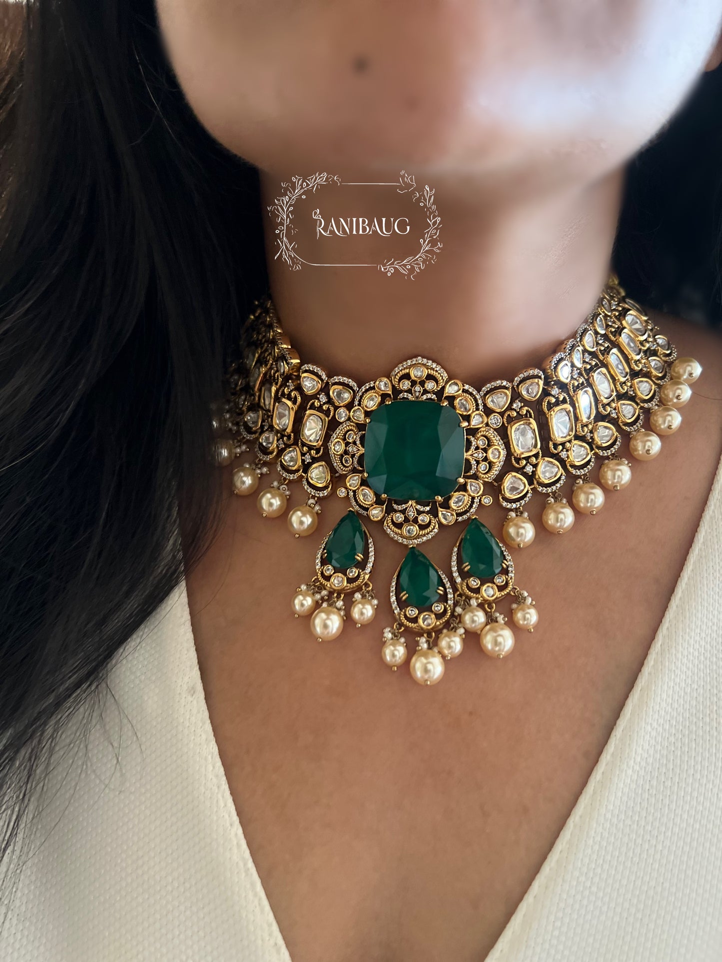 Nitya Emerald Green Motif Polki Studded Antique Golden Necklace Jewellery Set With Pearl Fringes By Ranibaug