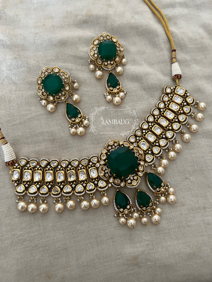 Nitya Emerald Green Motif Polki Studded Antique Golden Necklace Jewellery Set With Pearl Fringes By Ranibaug