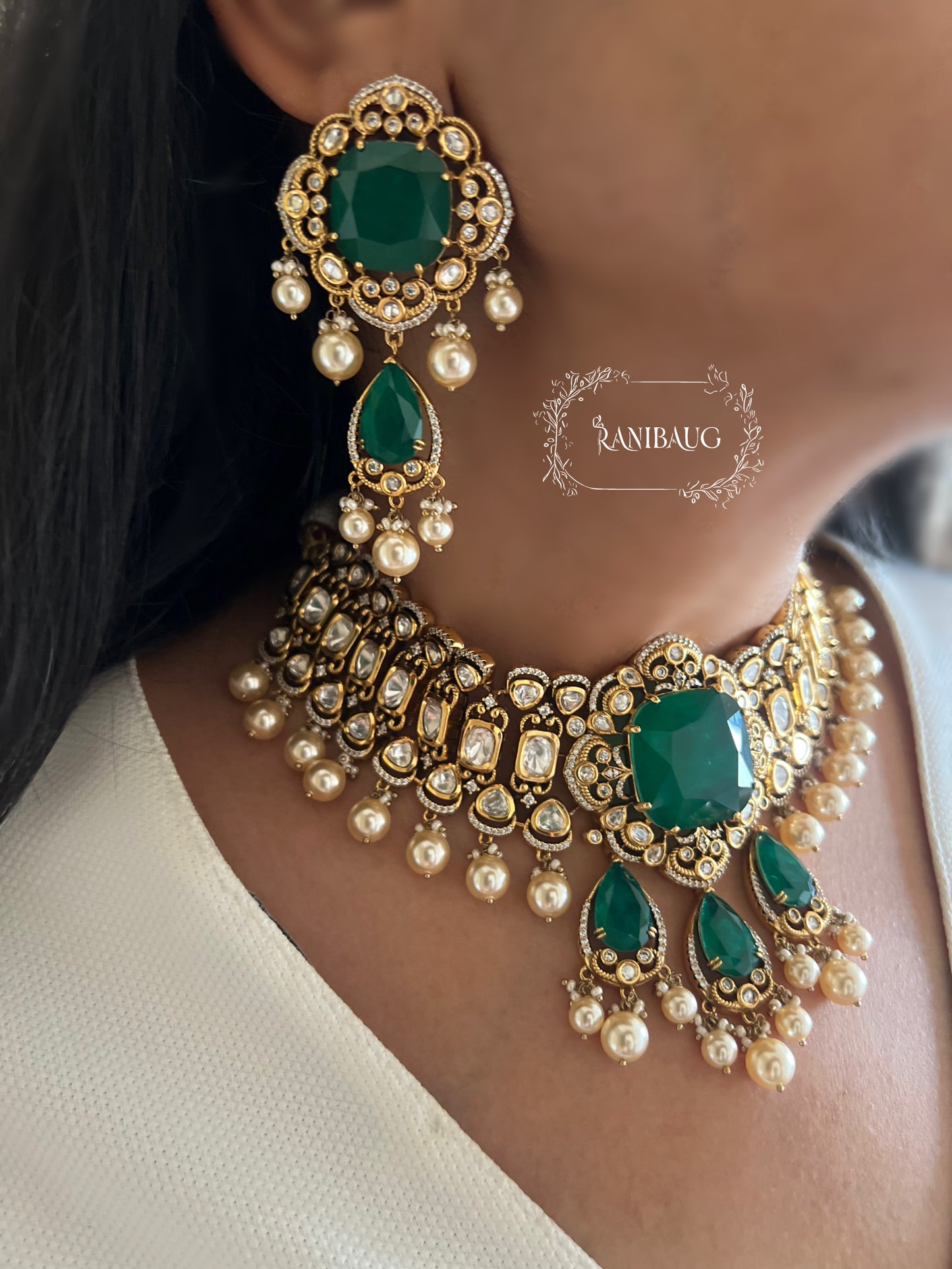 Nitya Emerald Green Motif Polki Studded Antique Golden Necklace Jewellery Set With Pearl Fringes By Ranibaug