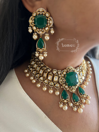 Nitya Emerald Green Motif Polki Studded Antique Golden Necklace Jewellery Set With Pearl Fringes By Ranibaug