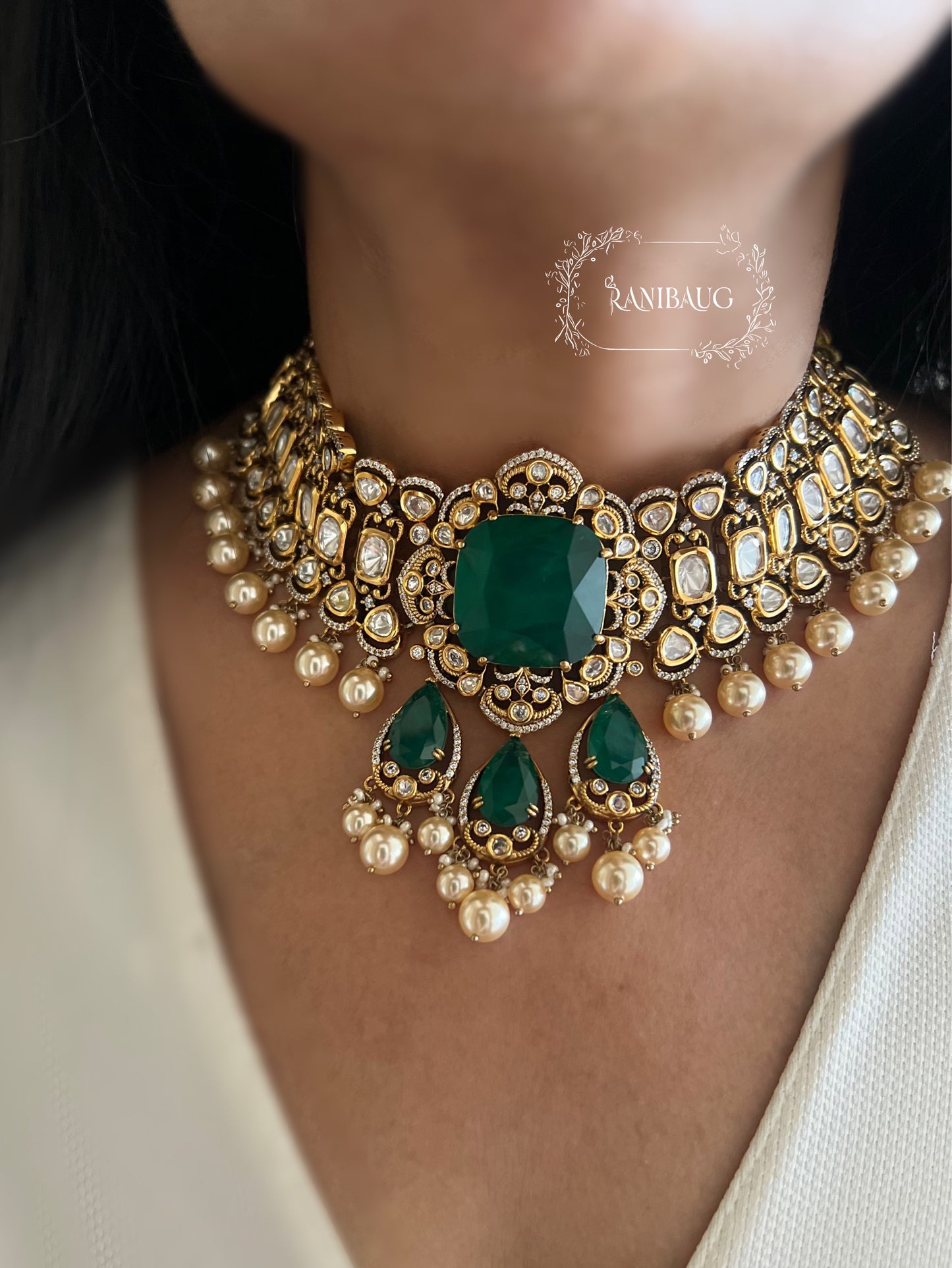 Nitya Emerald Green Motif Polki Studded Antique Golden Necklace Jewellery Set With Pearl Fringes By Ranibaug