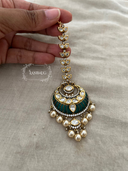 Nitya Polki Kundan Studded Pearl Adorned Gold Finish Royal Maangtika Jewelry By Ranibaug