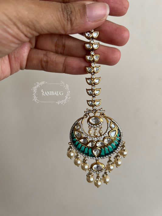 Nitya Polki Kundan Studded Pearl Adorned Gold Finish Royal Maangtika Jewelry By Ranibaug
