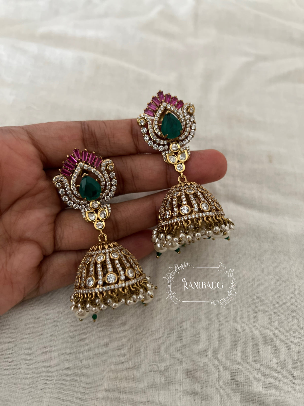 Nivedita Emerald Floral Motif Jhumka By Ranibaug