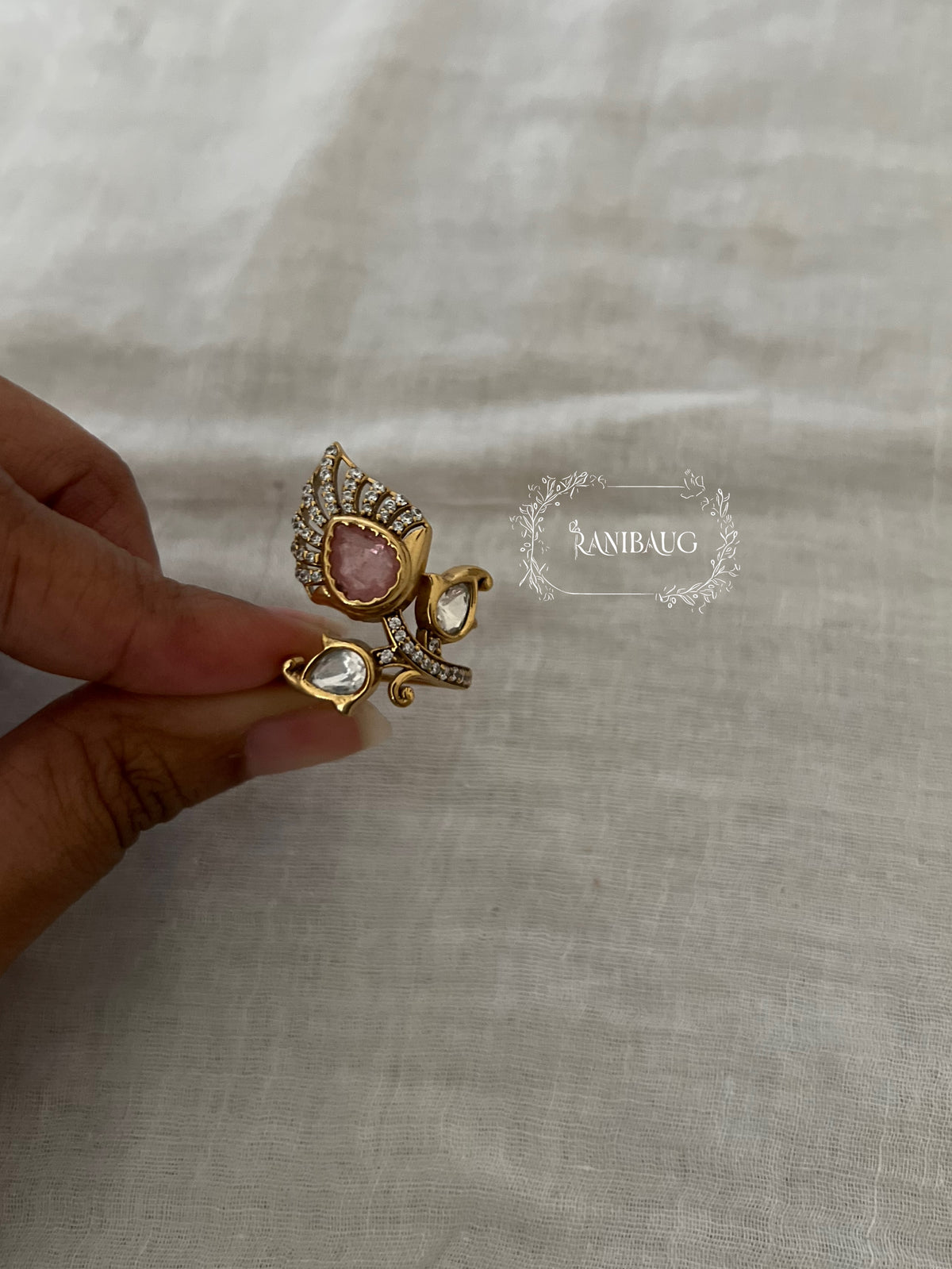 Nivedita Floral Bud Leaf Polki Stone Gold Finish Designer Ring By Ranibaug