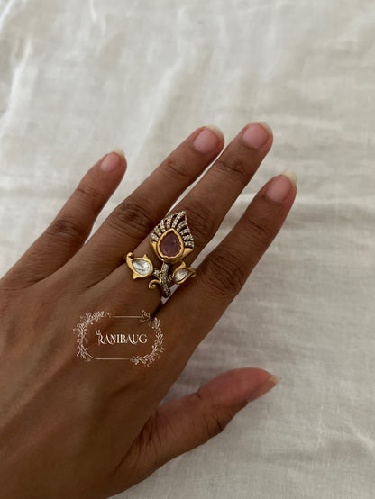Nivedita Floral Bud Leaf Polki Stone Gold Finish Designer Ring By Ranibaug