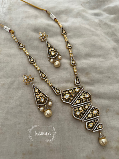 Niyati Geometric Designer Floral Vines Necklace Set Adorned In Polki And Pearls In Rich Gold Finish By Ranibaug